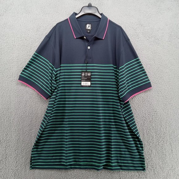 Footjoy Shirt 2XL Green Stripe Knit Pique Golf Moisture‎ Wick Antimicrobial Polo - Picture 1 of 11